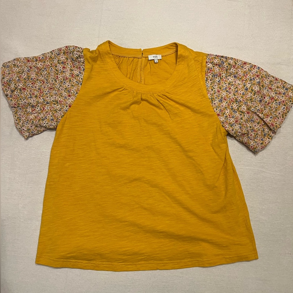 VOY Yellow Floral Puff Sleeve Top Blouse Cottagecore Mother’s Day